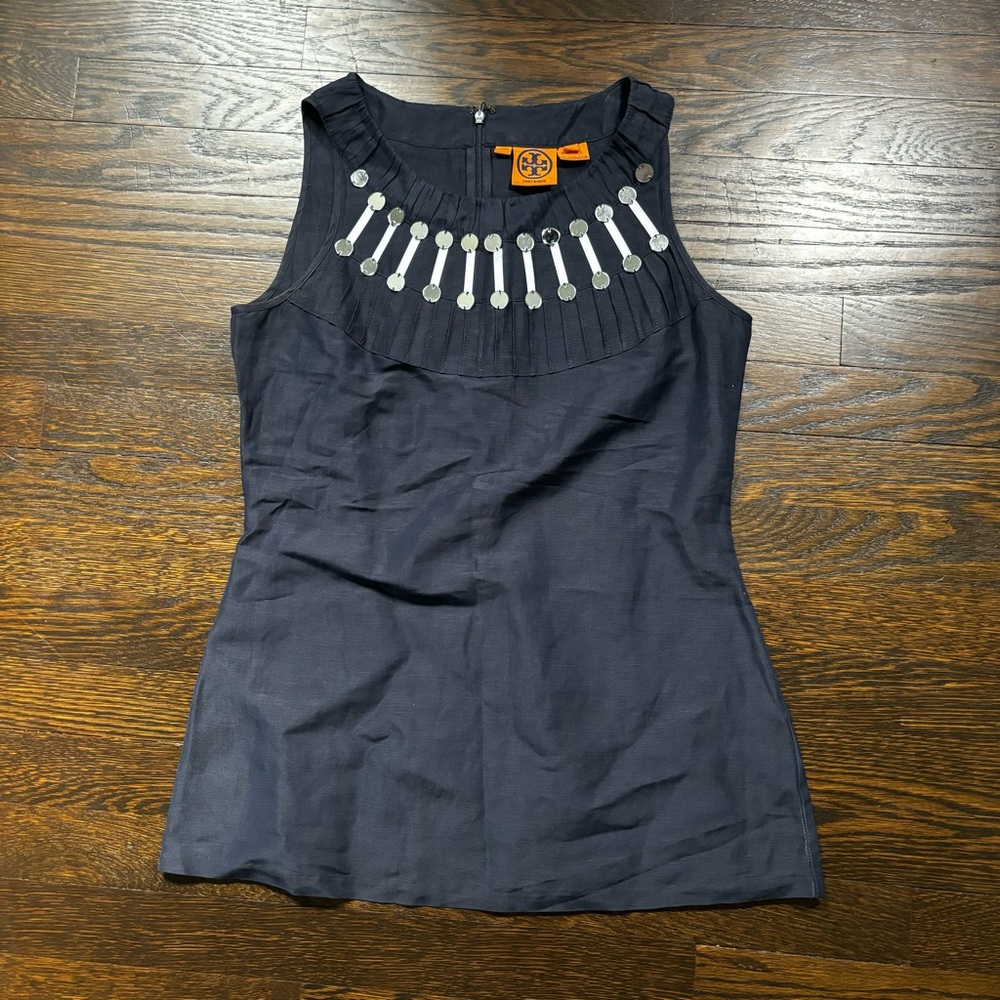 Tory Burch Top Womens 4 Navy Blue Silk Linen Tank Top Zip Shiny Accents